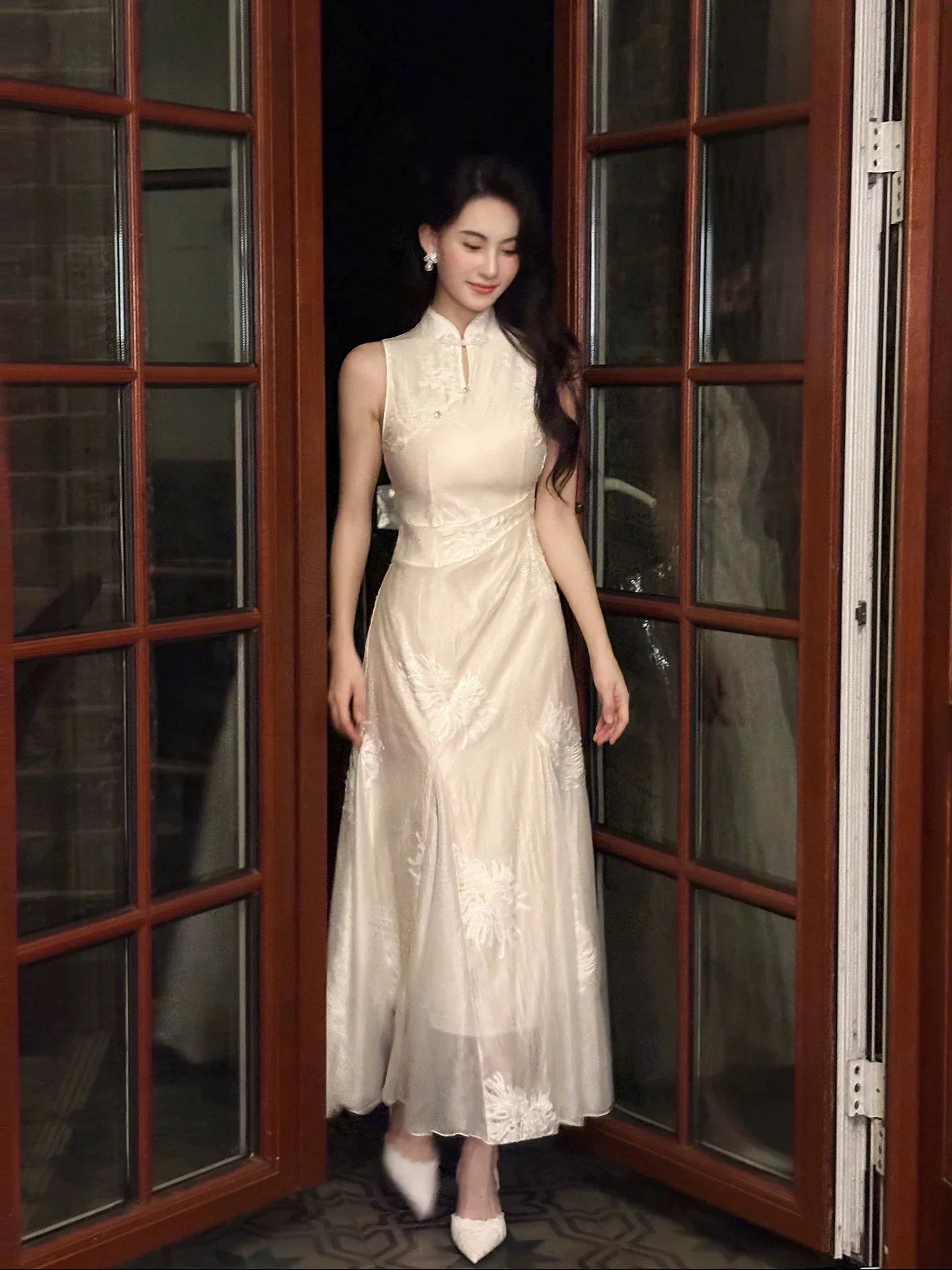 Ivory Mermaid High Neck Sleeveless Embroide Ivory Maxi Prom Dress