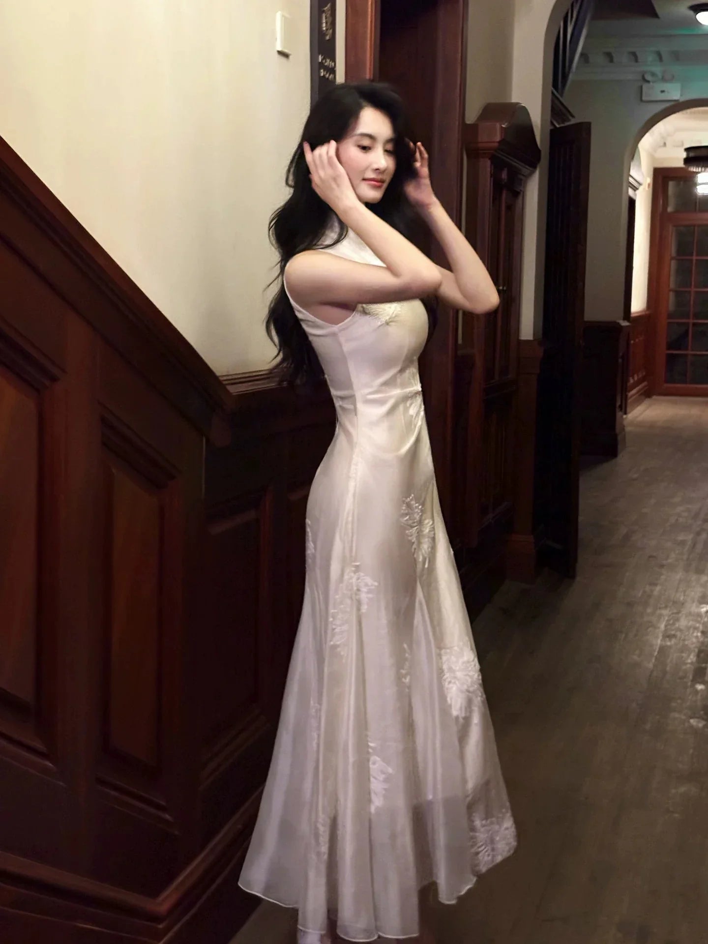 Ivory Mermaid High Neck Sleeveless Embroide Ivory Maxi Prom Dress