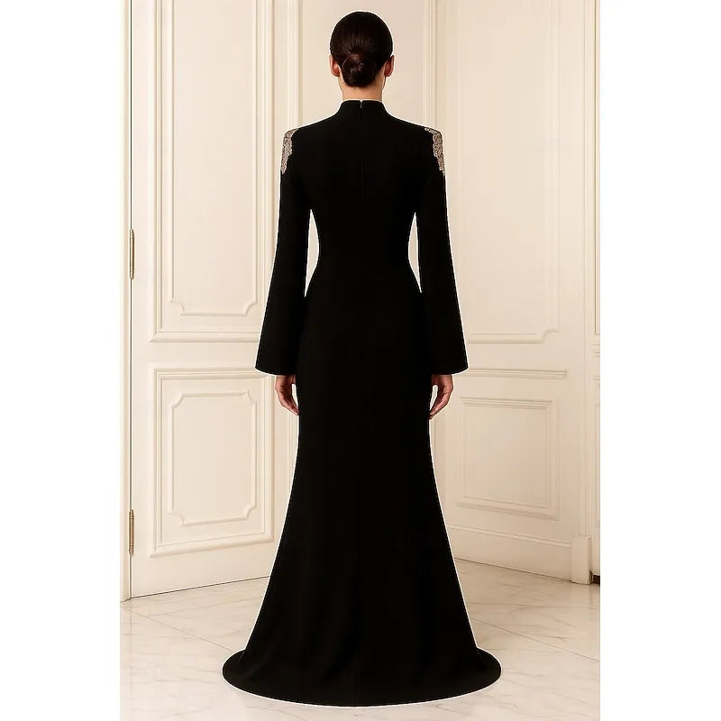 Black Mermaid High Neck Long Sleeve Applique Floor Length Evening Dress