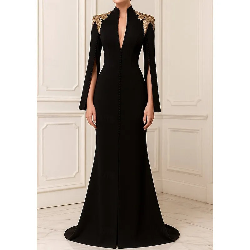 Black Mermaid High Neck Long Sleeve Applique Floor Length Evening Dress