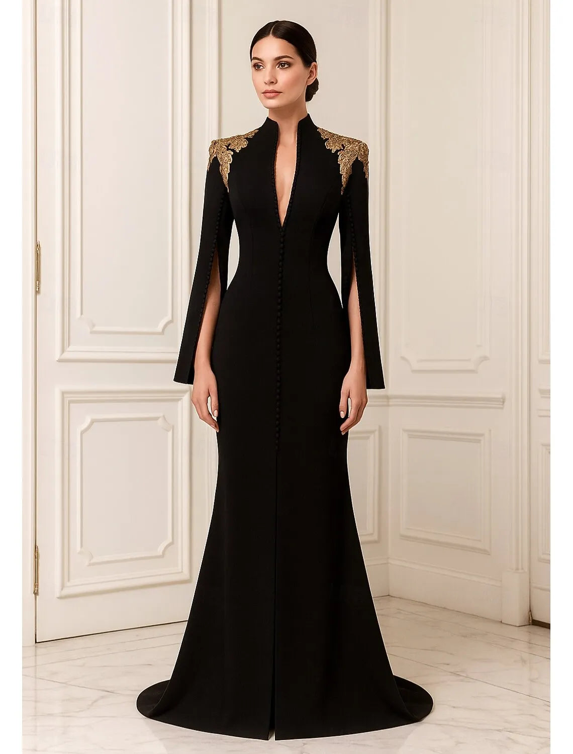 Black Mermaid High Neck Long Sleeve Applique Floor Length Evening Dress