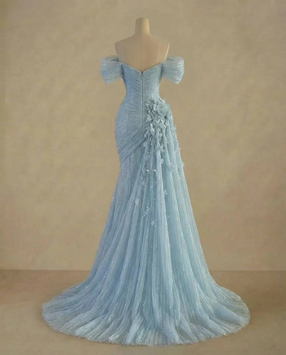 Light Blue Mermaid Off-Shoulder 3D Floral Light Maxi Evening Dress