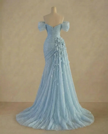 Elegant Light-Blue Floral Mermaid Classic-Neck Classic-Sleeve Classic-Back Floor-Length Evening Dress