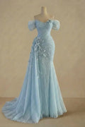 Light Blue Mermaid Off-Shoulder 3D Floral Light Maxi Evening Dress