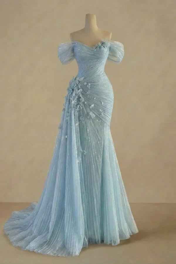 Light Blue Mermaid Off-Shoulder 3D Floral Light Maxi Evening Dress