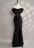 Black Mermaid Off-Shoulder Beaded Maxi Evening Dress