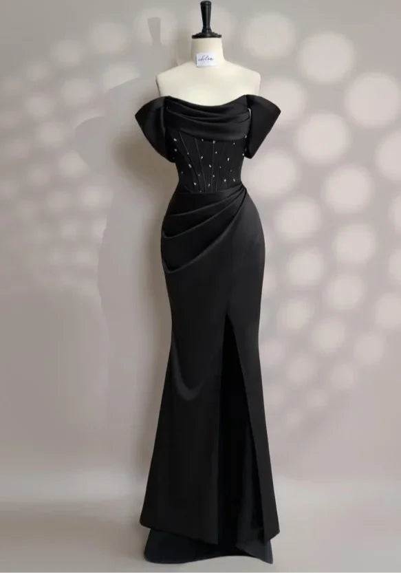 Black Mermaid Off-Shoulder Beaded Maxi Evening Dress