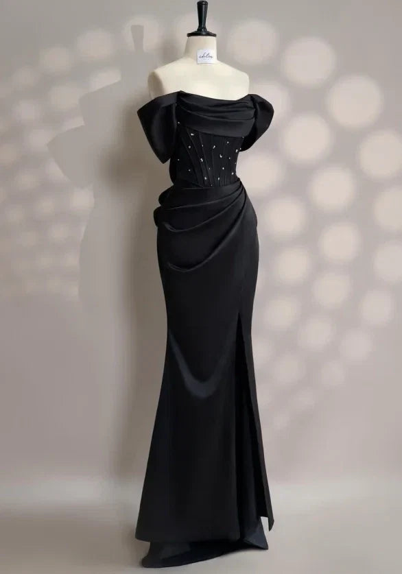 Black Mermaid Off-Shoulder Beaded Maxi Evening Dress