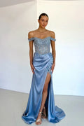 Blue Mermaid Off-Shoulder Beaded Dusty Maxi Party Dress