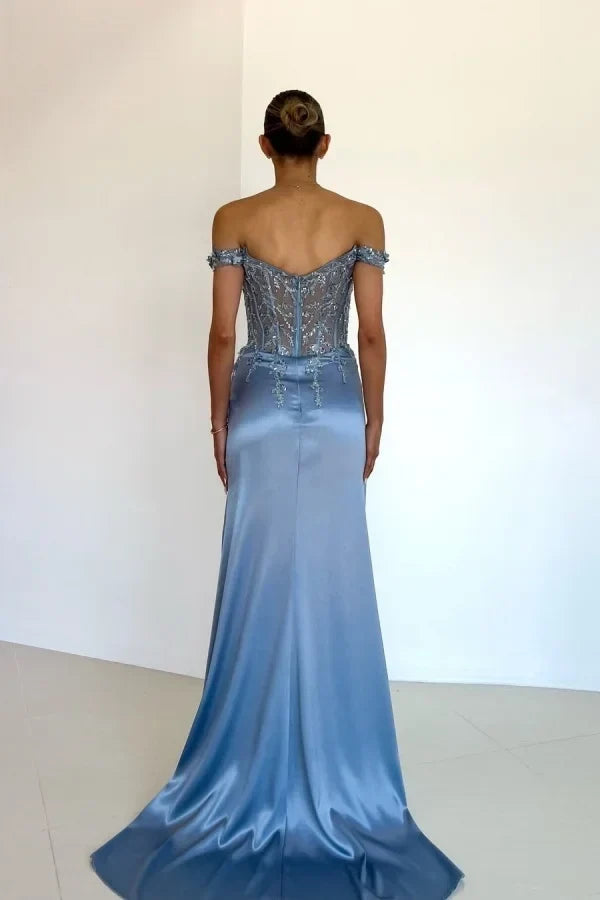 Blue Mermaid Off-Shoulder Beaded Dusty Maxi Party Dress