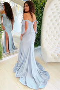 Light Blue Mermaid Off-Shoulder Bow Light Maxi Prom Dress