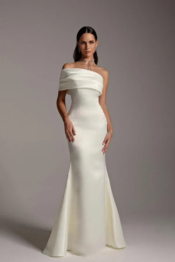 White Mermaid Off-Shoulder Draped Maxi Evening Dress