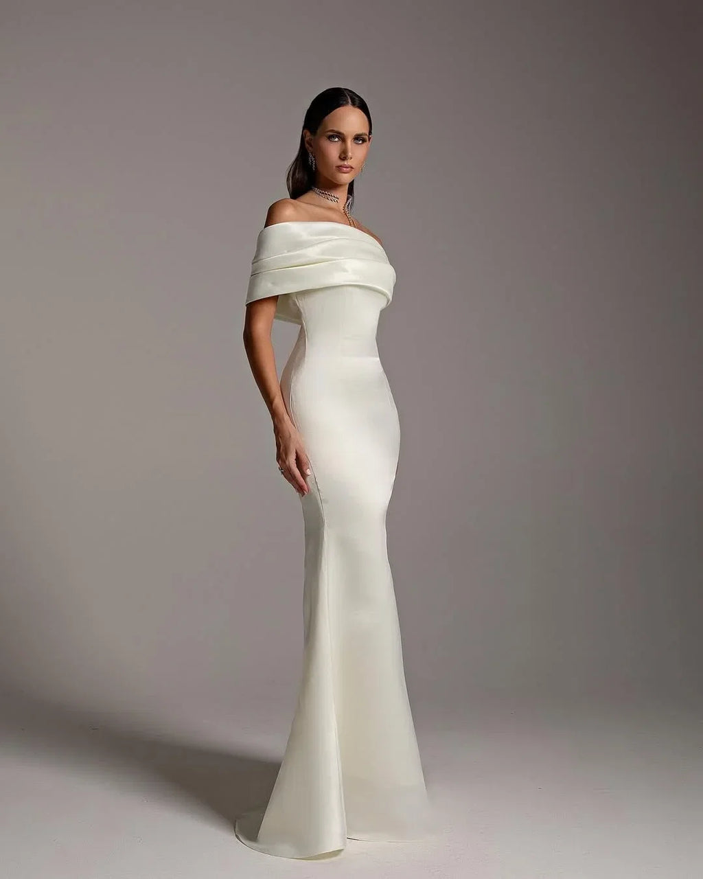 White Mermaid Off-Shoulder Draped Maxi Evening Dress