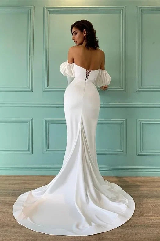 White Mermaid Off-Shoulder Puff Sleeve Maxi Wedding Dress