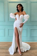 White Mermaid Off-Shoulder Puff Sleeve Maxi Wedding Dress