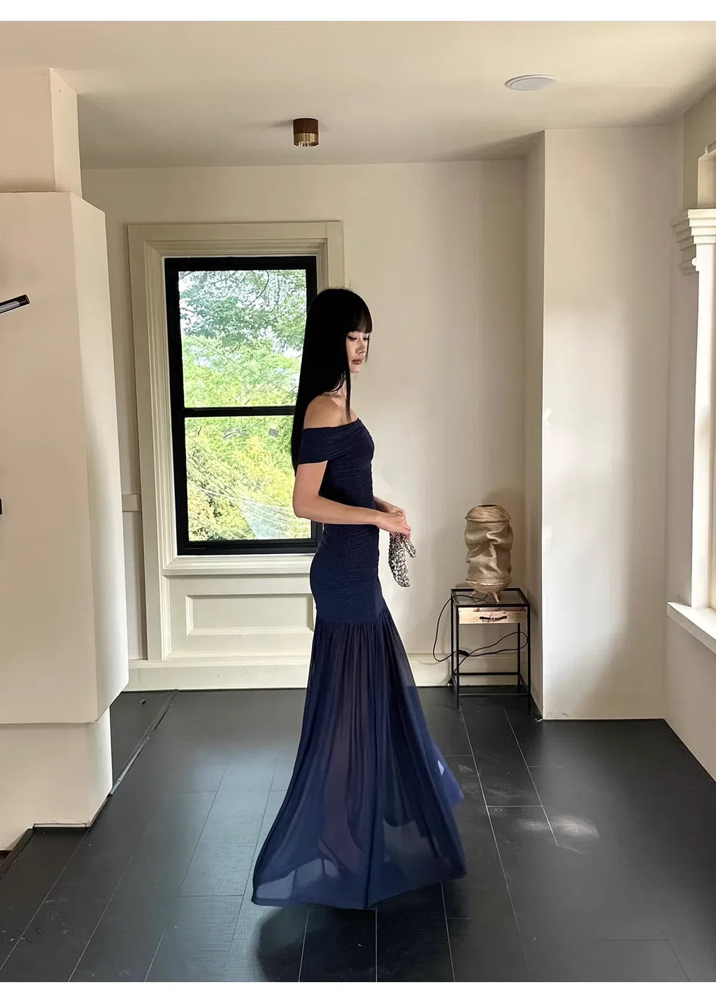 Blue Mermaid Off-Shoulder Ruched Midnight Evening Dresses