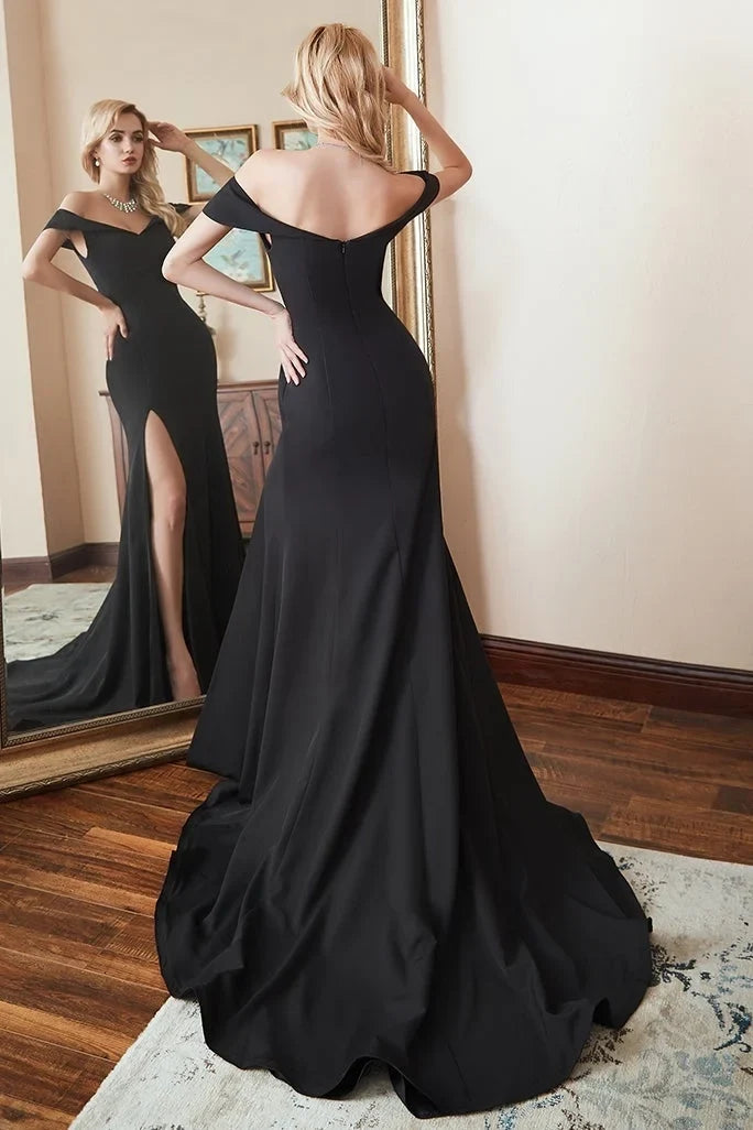 Black Mermaid Off-Shoulder Slit Maxi Prom Dress