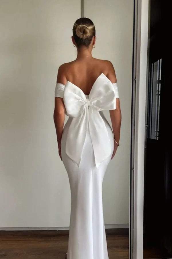 White Mermaid Off-the-Shoulder Bow Floor-Length Prom Dress