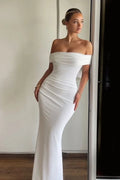 White Mermaid Off-the-Shoulder Bow Floor-Length Prom Dress