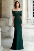 Mermaid Off-the-Shoulder Lace-Sleeve Back Zip Floor-Length Mother Of The Bride Dresses with Appliques
