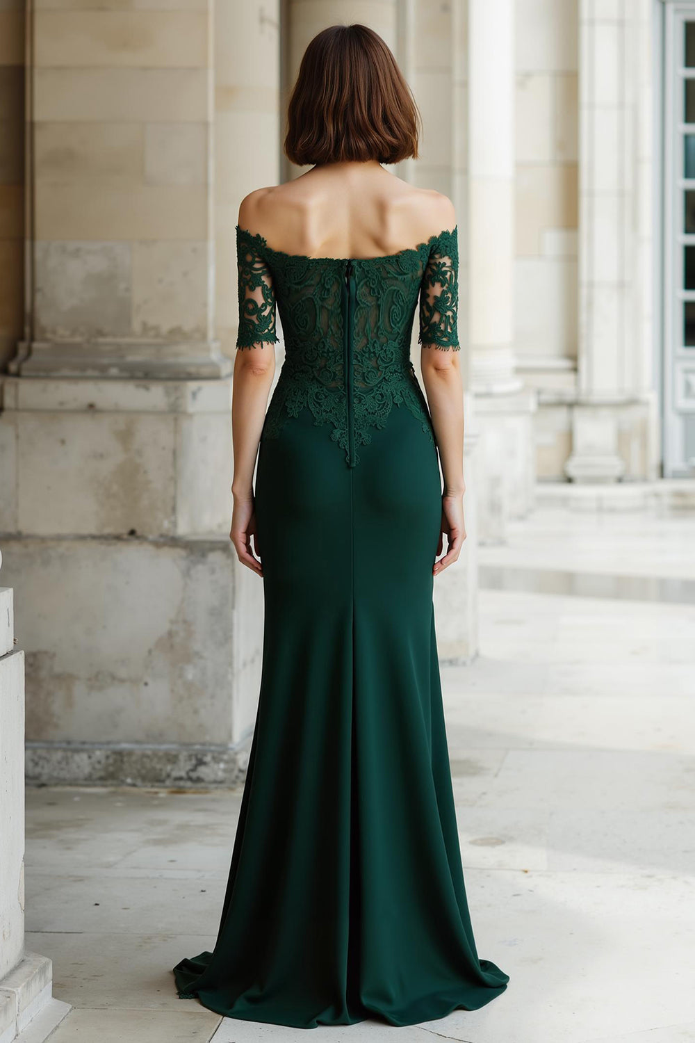 Mermaid Off-the-Shoulder Lace-Sleeve Back Zip Floor-Length Mother Of The Bride Dresses with Appliques