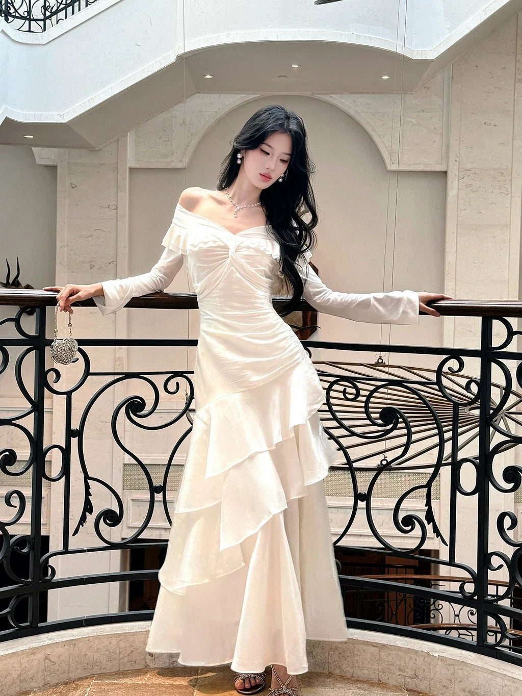Ivory Mermaid Off-the-Shoulder Long Sleeve Ruffled Maxi Prom Dress