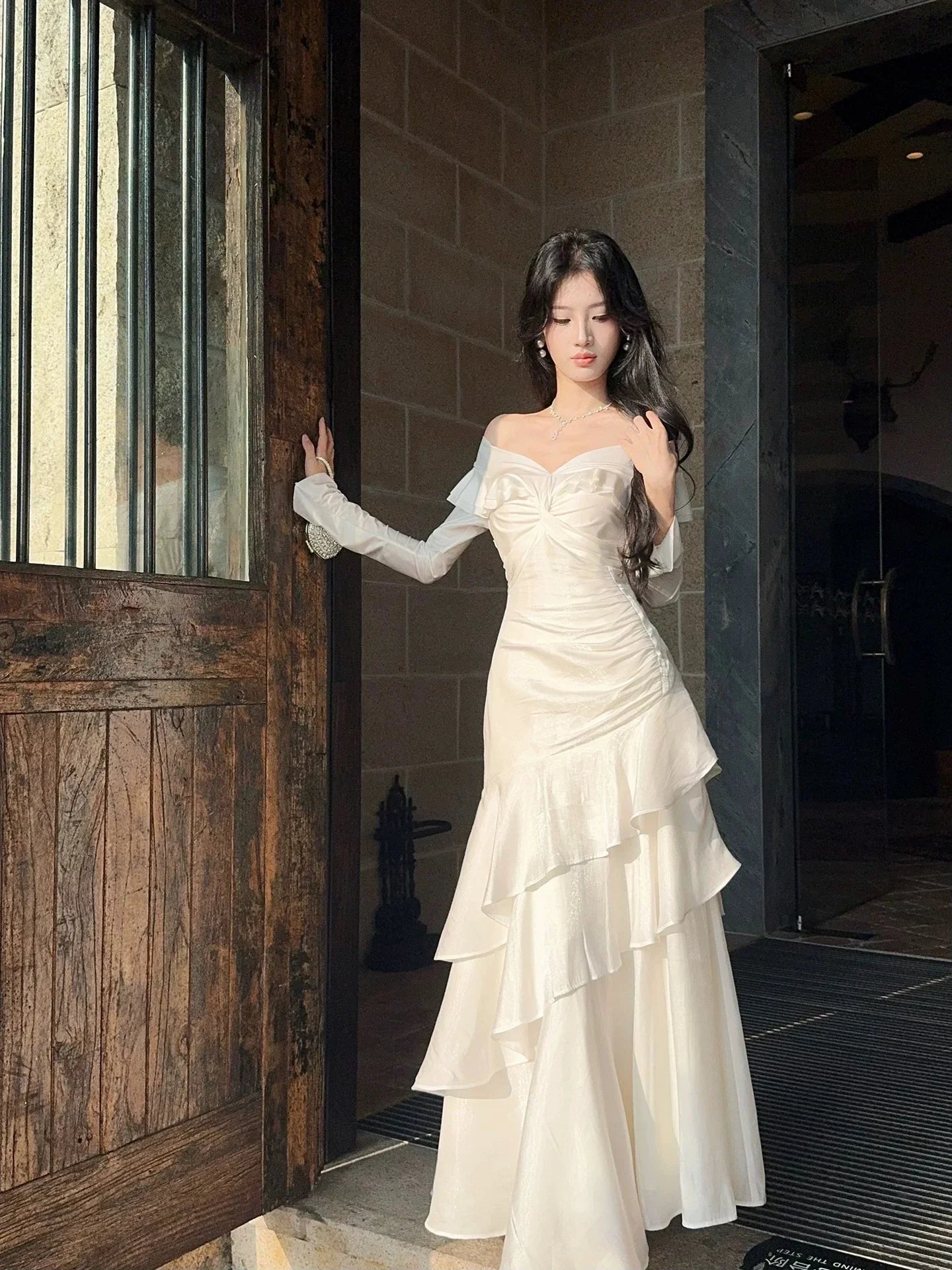 Ivory Mermaid Off-the-Shoulder Long Sleeve Ruffled Maxi Prom Dress