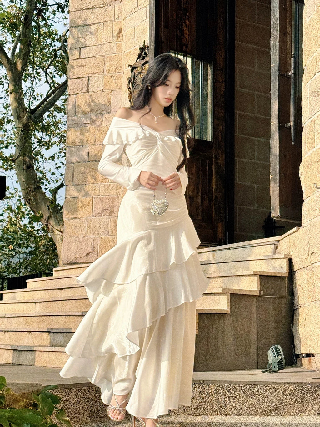 Ivory Mermaid Off-the-Shoulder Long Sleeve Ruffled Maxi Prom Dress