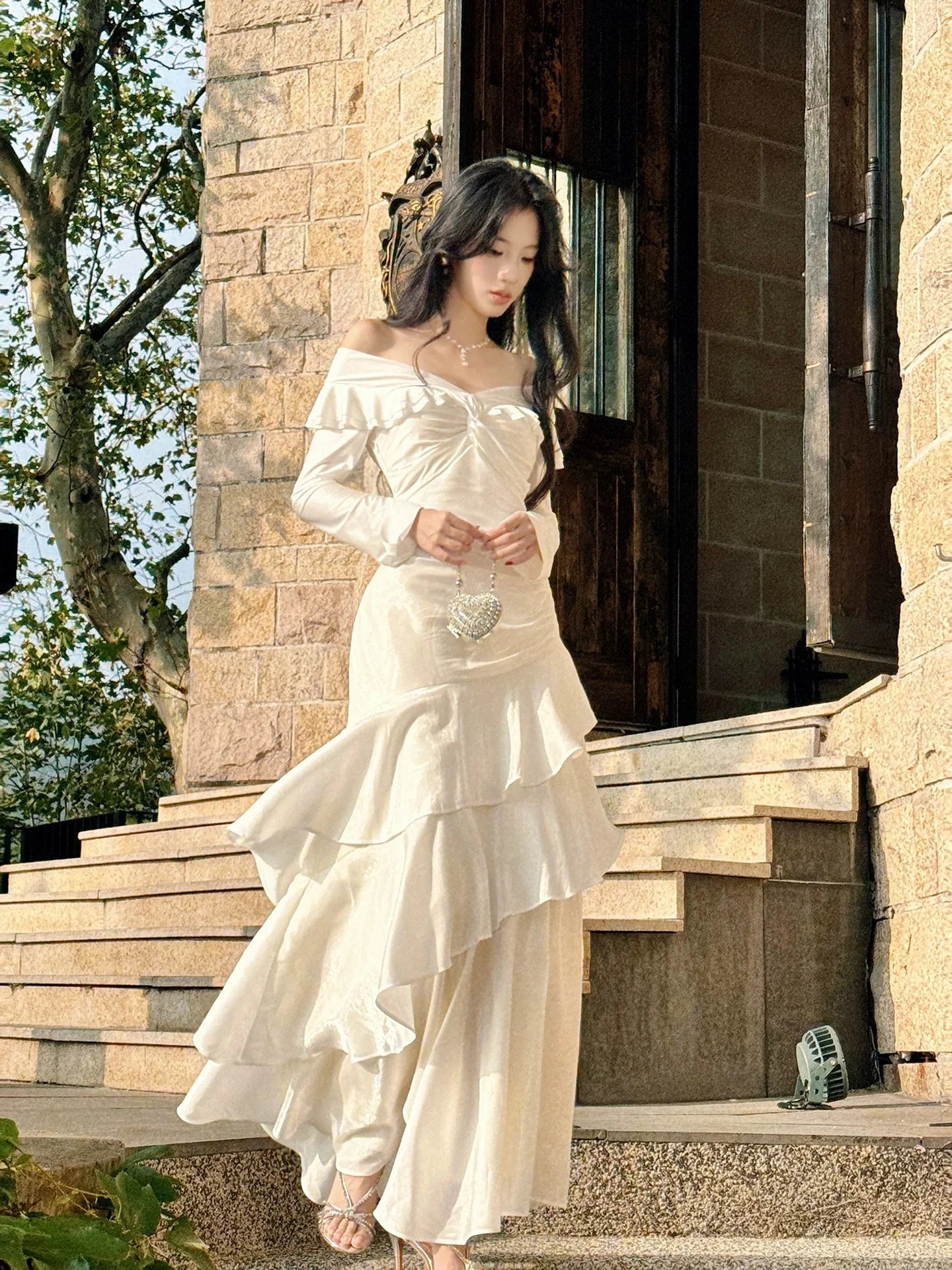 Ivory Mermaid Off-the-Shoulder Long Sleeve Ruffled Maxi Prom Dress