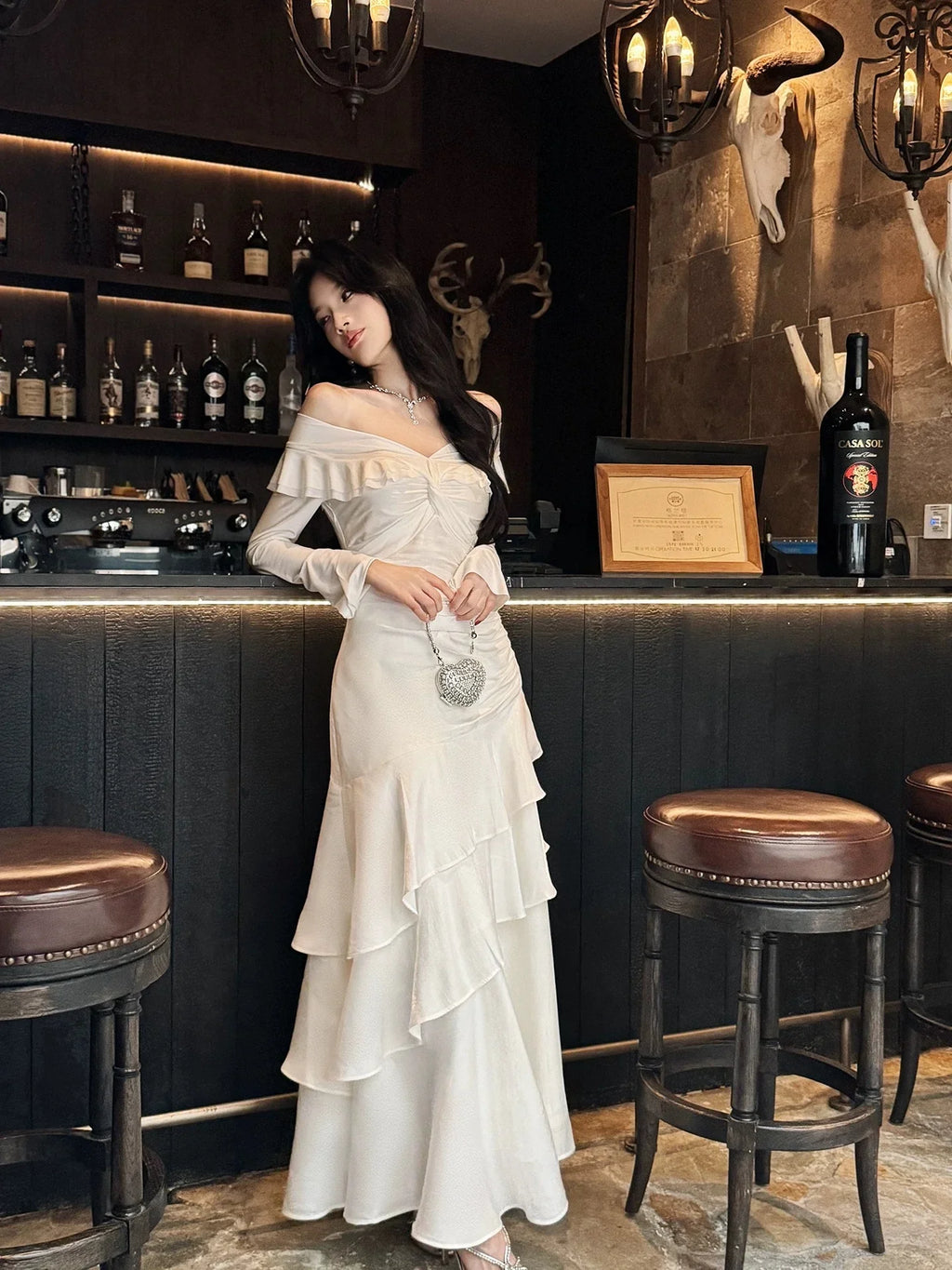 Ivory Mermaid Off-the-Shoulder Long Sleeve Ruffled Maxi Prom Dress