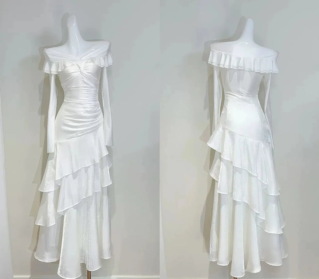 Ivory Mermaid Off-the-Shoulder Long Sleeve Ruffled Maxi Prom Dress
