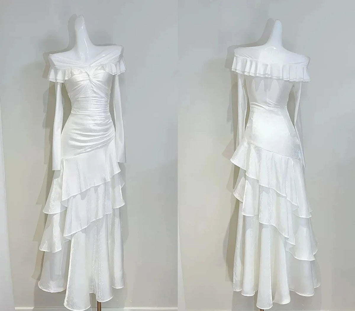Ivory Mermaid Off-the-Shoulder Long Sleeve Ruffled Maxi Prom Dress