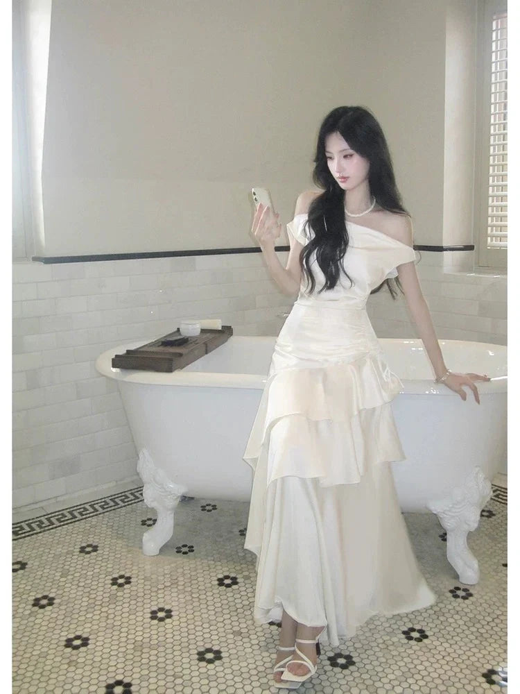 Ivory Mermaid Off-the-Shoulder Ruffled Maxi Prom Dress