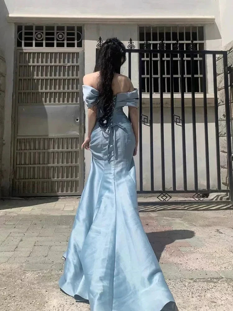 Blue Mermaid Off-the-Shoulder Short Sleeve Ruched Dusty Maxi Prom Dress
