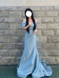 Blue Mermaid Off-the-Shoulder Short Sleeve Ruched Dusty Maxi Prom Dress