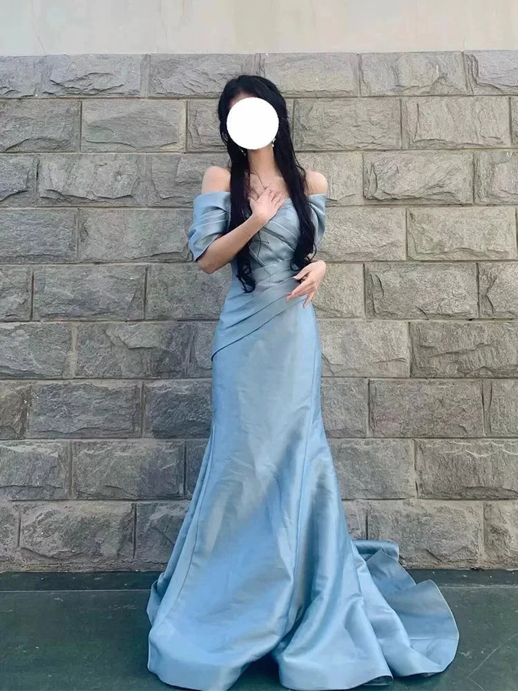 Blue Mermaid Off-the-Shoulder Short Sleeve Ruched Dusty Maxi Prom Dress