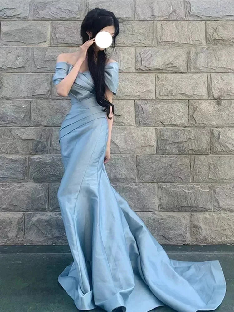 Blue Mermaid Off-the-Shoulder Short Sleeve Ruched Dusty Maxi Prom Dress