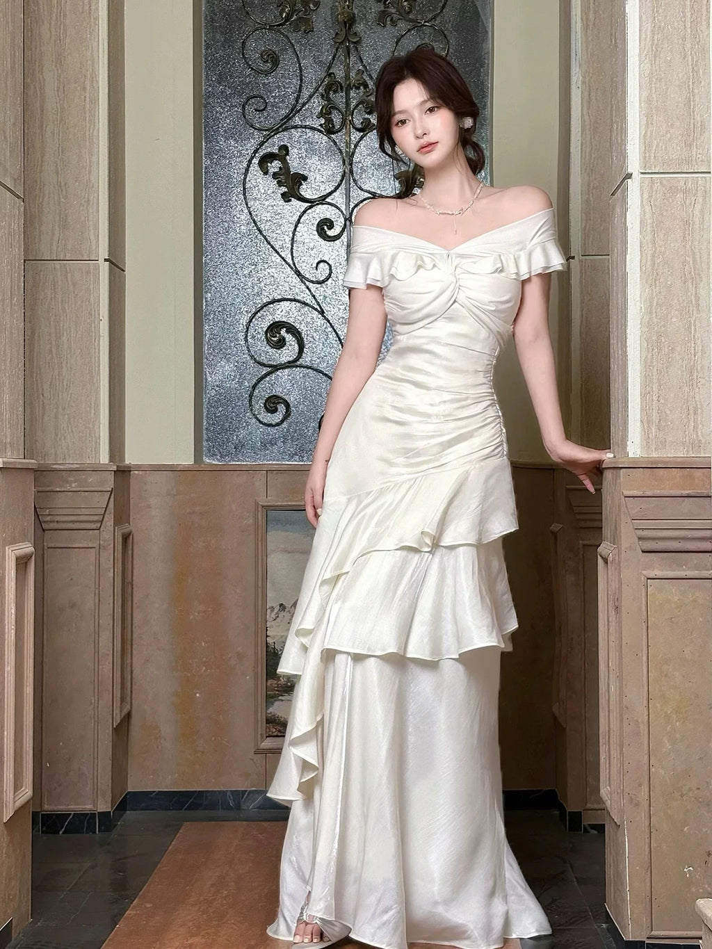 Ivory Mermaid Off-the-Shoulder Short Sleeve Ruffled Maxi Prom Dress