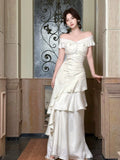 Ivory Mermaid Off-the-Shoulder Short Sleeve Ruffled Maxi Prom Dress