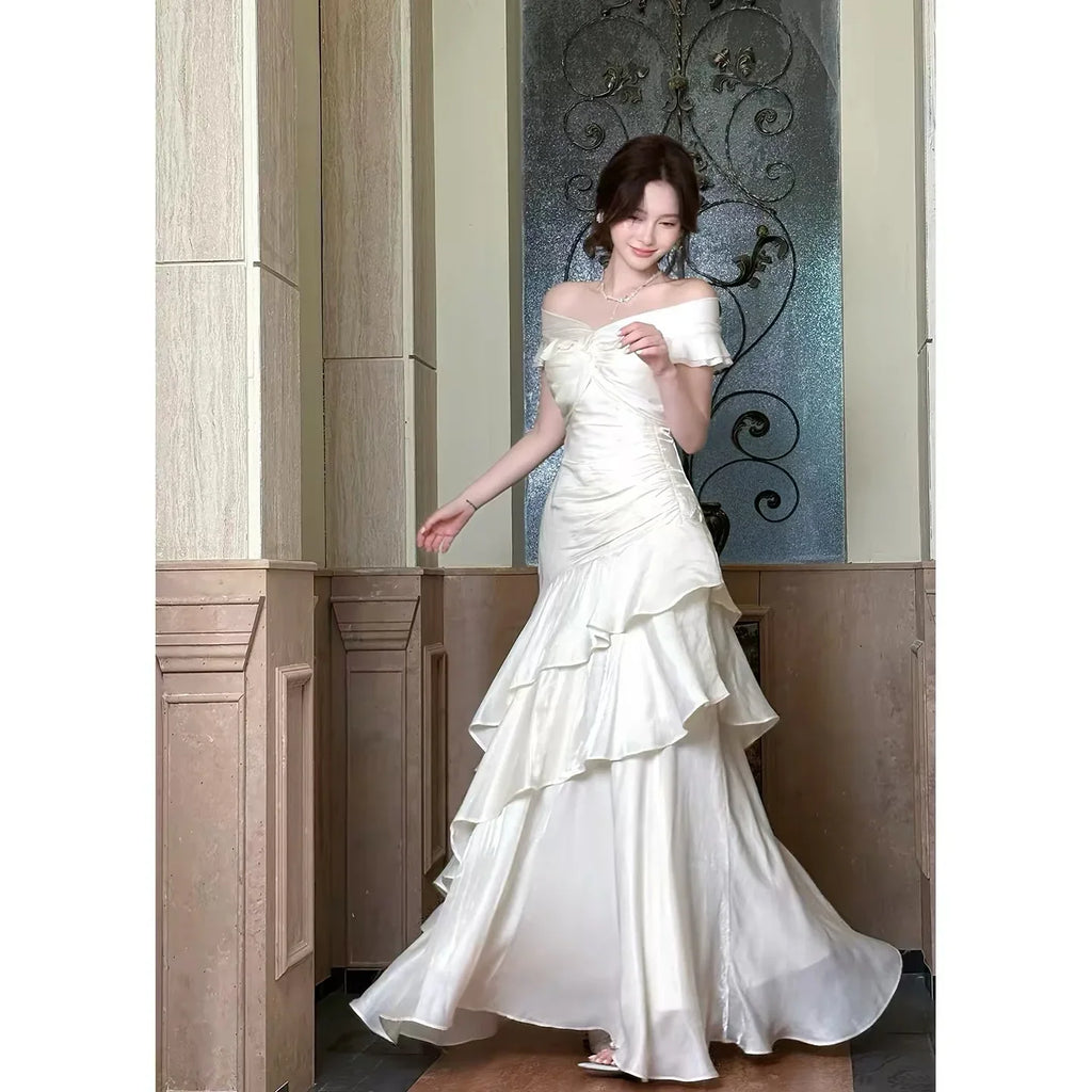 Ivory Mermaid Off-the-Shoulder Short Sleeve Ruffled Maxi Prom Dress