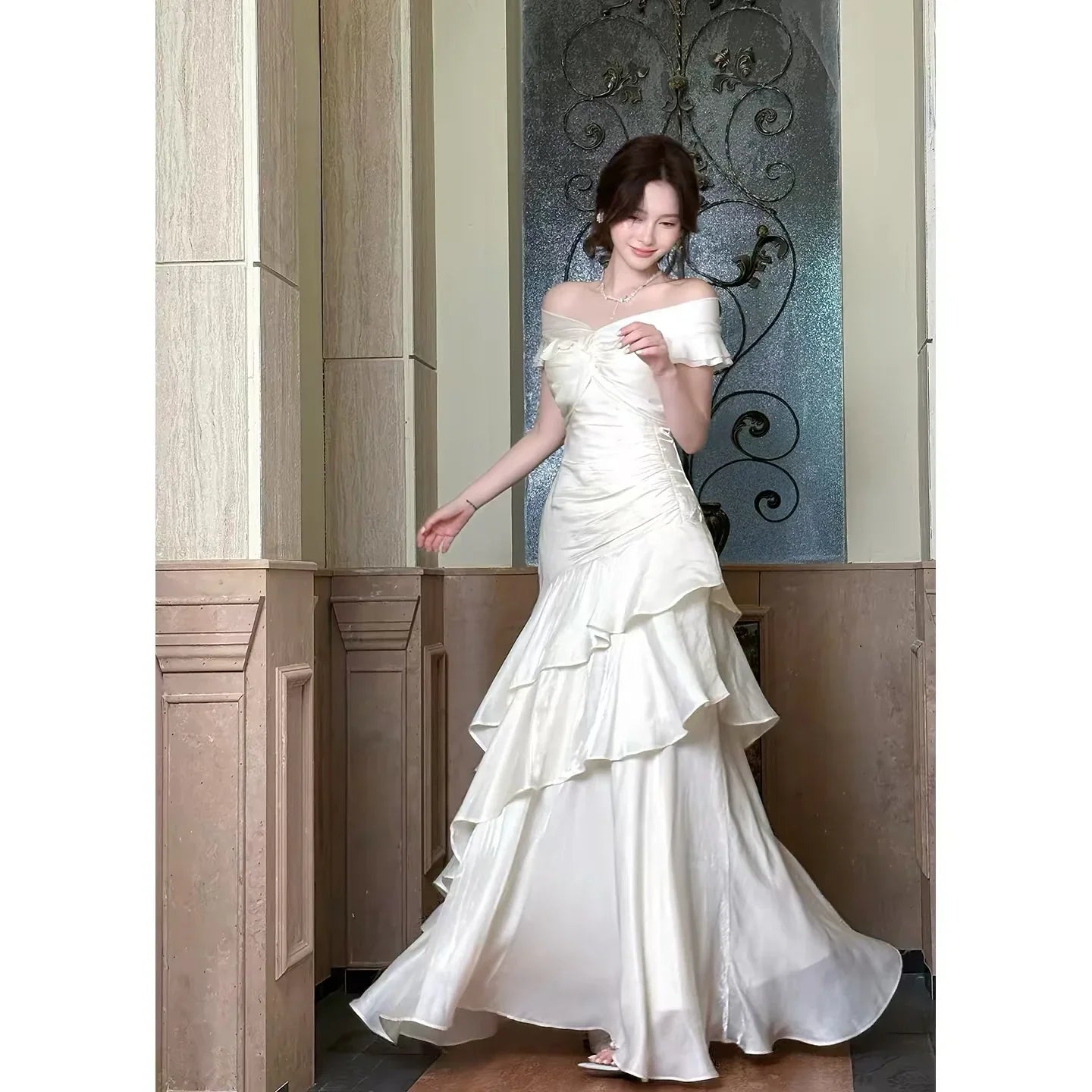 Ivory Mermaid Off-the-Shoulder Short Sleeve Ruffled Maxi Prom Dress