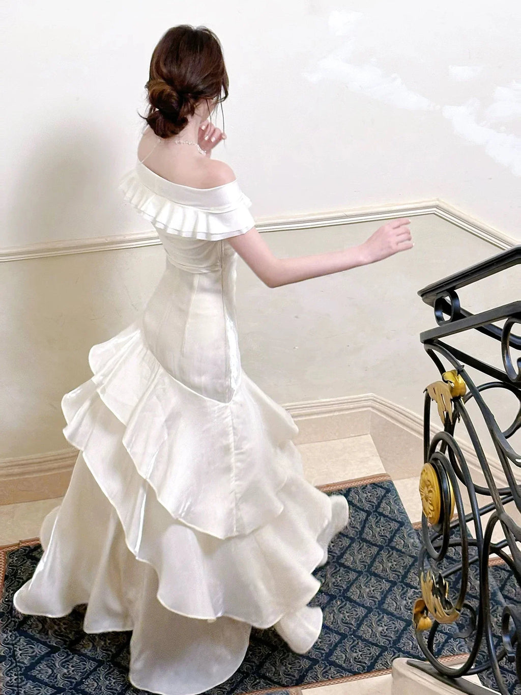 Ivory Mermaid Off-the-Shoulder Short Sleeve Ruffled Maxi Prom Dress