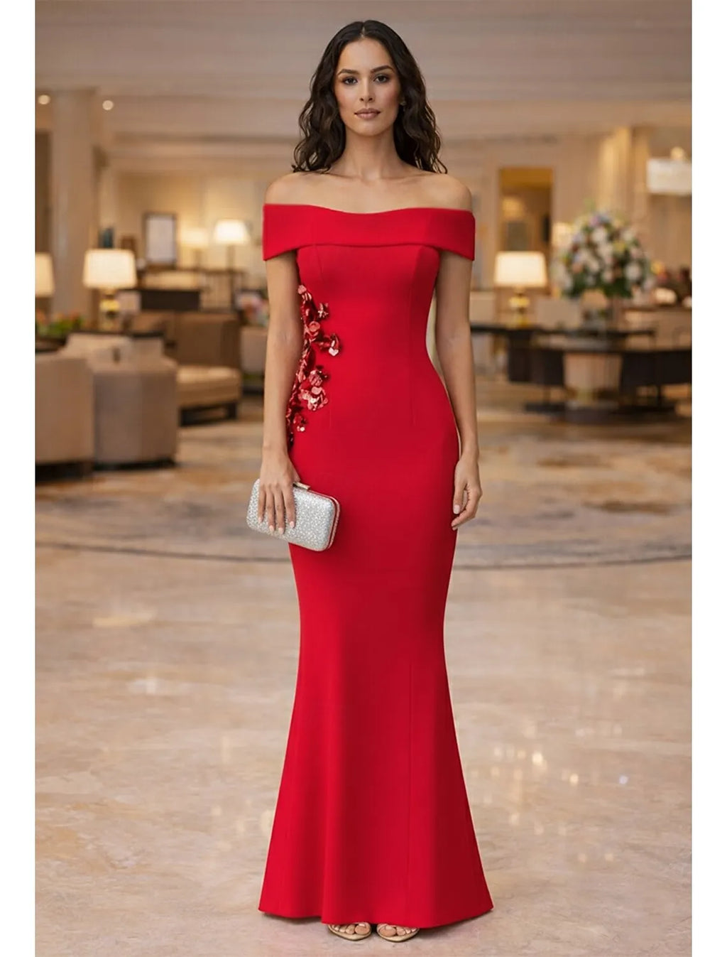 Red Mermaid Off Shoulder Floral Applique Floor Length Evening Dress