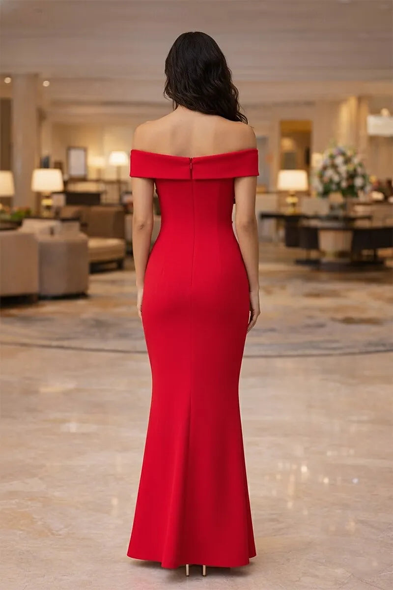 Red Mermaid Off Shoulder Floral Applique Floor Length Evening Dress
