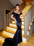 Black Mermaid Off Shoulder Ruched Train Prom Dress Custom