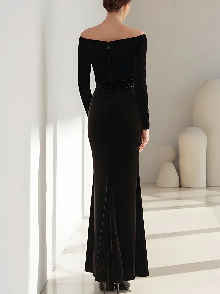 Black Mermaid Off Shoulder Ruched Long Evening Dresses