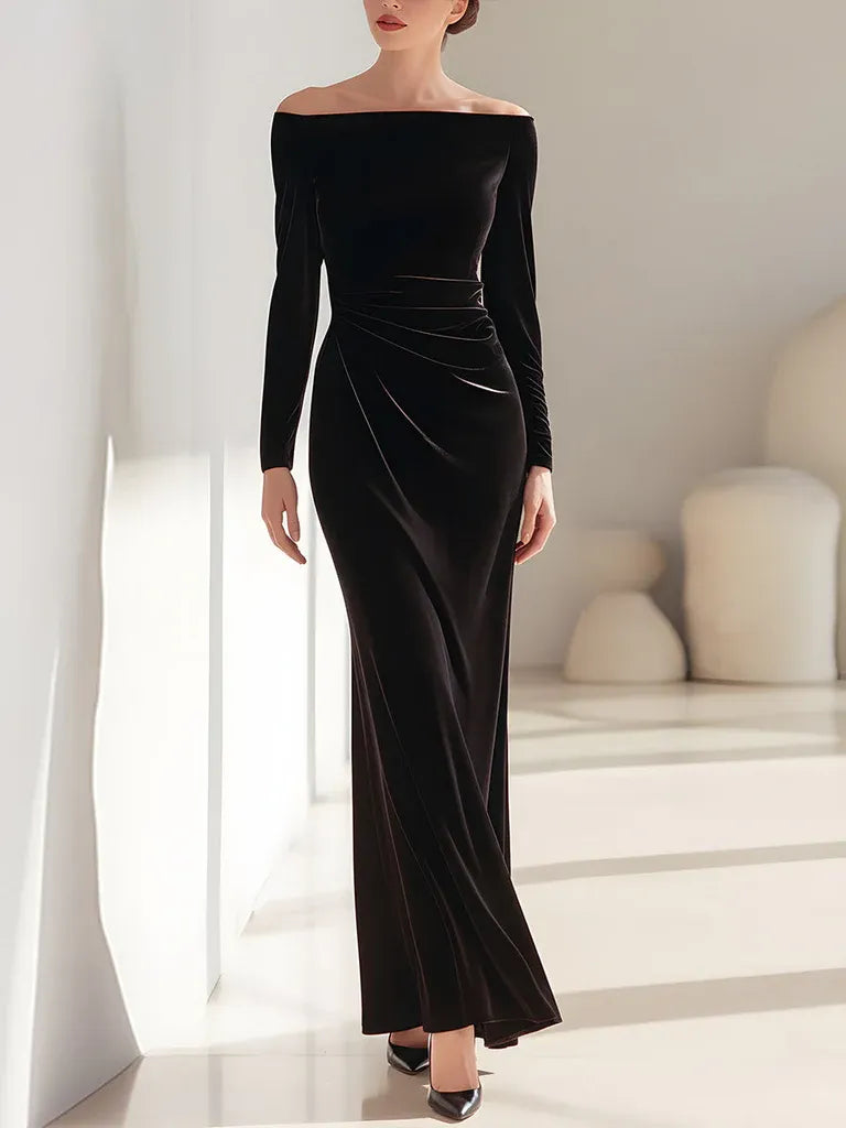 Black Mermaid Off Shoulder Ruched Long Evening Dresses