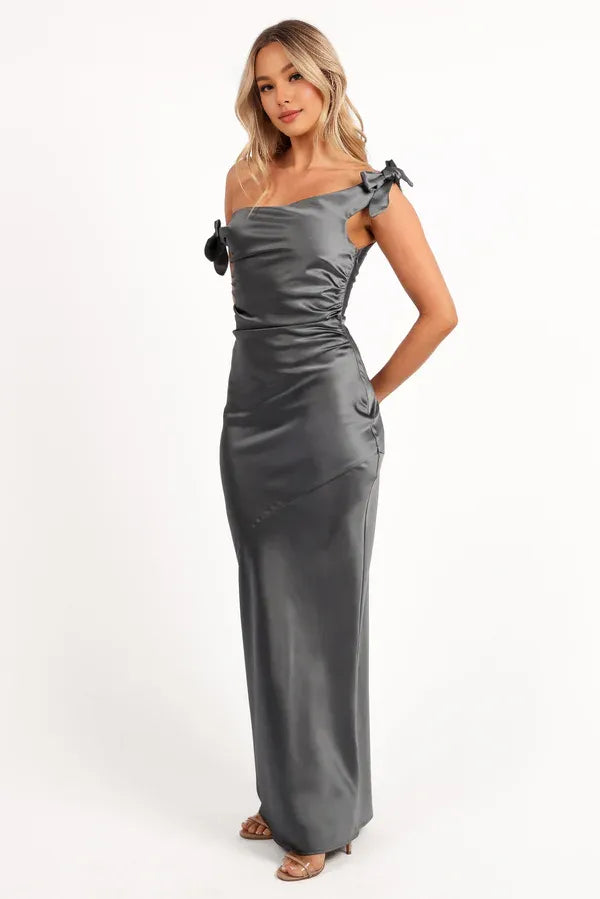 Sophisticated Graceful Stylish Refined Elegant Grey Satin Mermaid Sleeveless Floor-Length Prom Dress