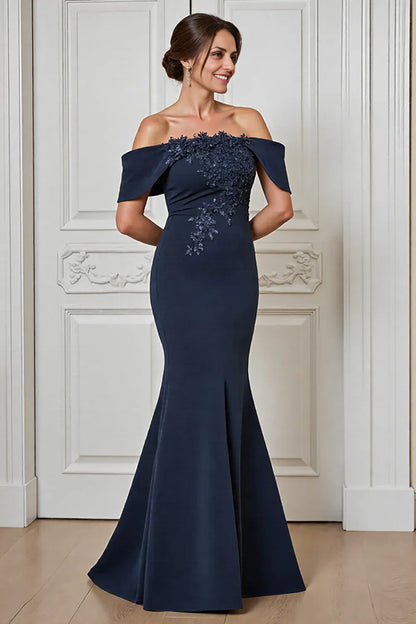 Elegant Navy Blue Lace Mermaid Backless Floor-Length Mother of the Bride Dress