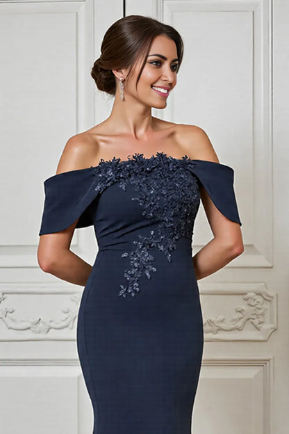 Elegant Navy Blue Lace Mermaid Backless Floor-Length Mother of the Bride Dress